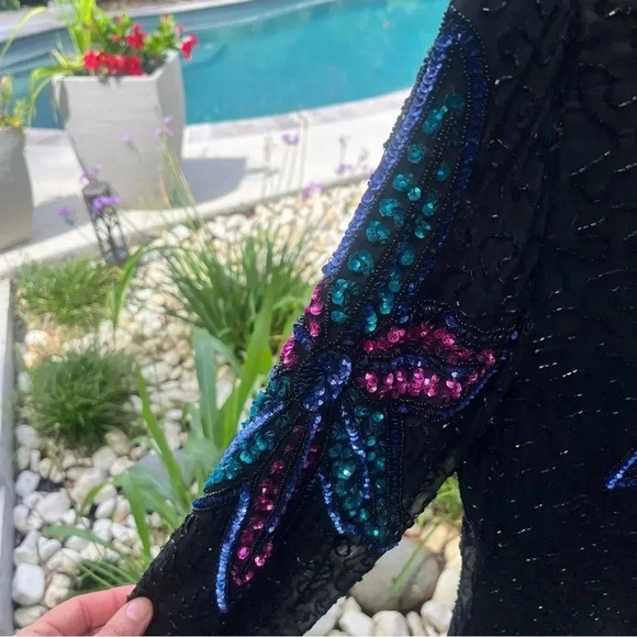 VINTAGE SILK CARINA SEQUIN Black Long Sleeve Shift Dress Beaded M - Picture 11 of 14
